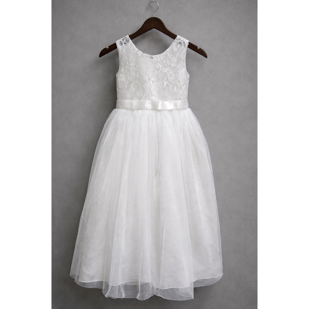 Girls' White Lace Tulle Dress with Satin Waist